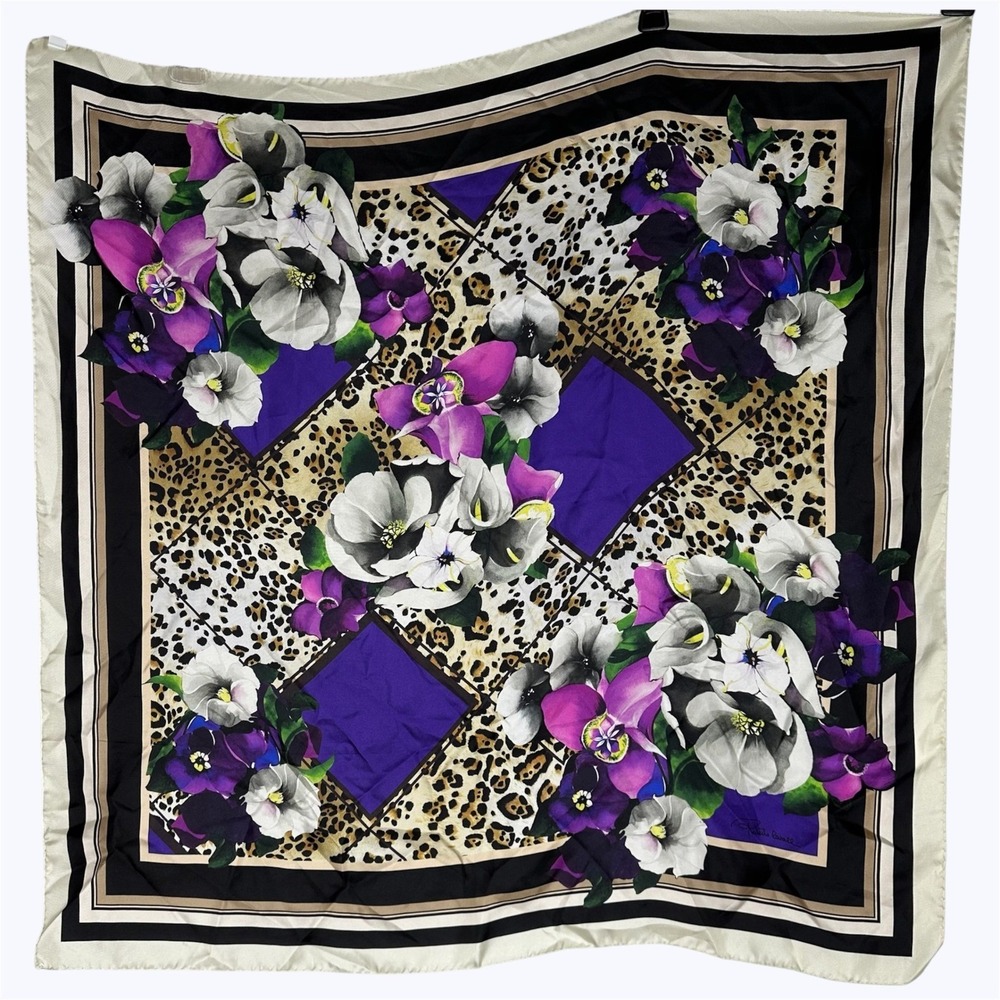 Roberto Cavalli Square Scarf Floral Animal Print Purple Hand Rolled 36" READ